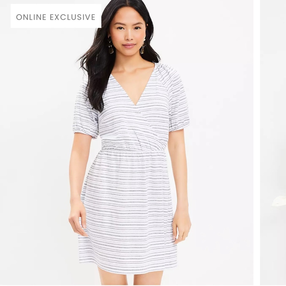 Loft NWT Striped Jacquard Puff Sleeve Dress V neck Cotton size M